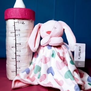 Baby bottle diaper cake with Minnie bunny blanket